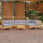 10 Piece Garden Lounge Set with Grey Cushions Solid Pinewood