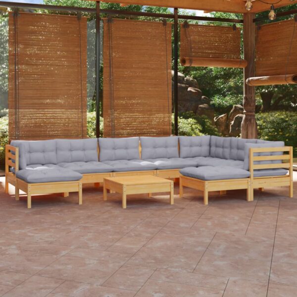 10 Piece Garden Lounge Set with Grey Cushions Solid Pinewood