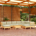 10 Piece Garden Lounge Set with Cream Cushions Solid Pinewood