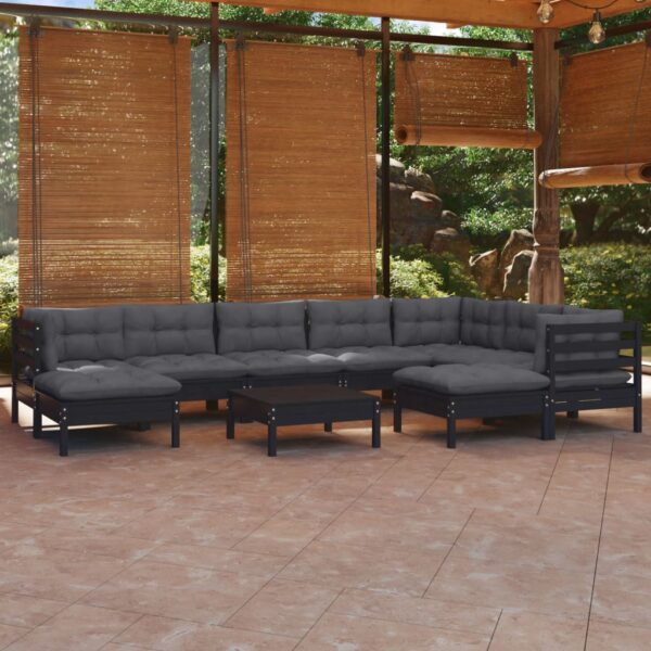 10 Piece Garden Lounge Set with Cushions Black Solid Pinewood