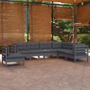 7 Piece Garden Lounge Set with Cushions Grey Solid Pinewood