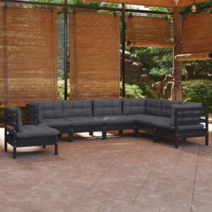 7 Piece Garden Lounge Set with Cushions Black Solid Pinewood