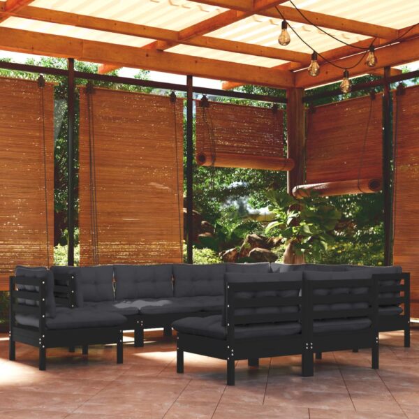 9 Piece Garden Lounge Set with Cushions Black Solid Pinewood