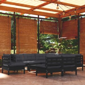 10 Piece Garden Lounge Set with Cushions Black Solid Pinewood