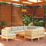 10 Piece Garden Lounge Set with Cream Cushions Solid Pinewood