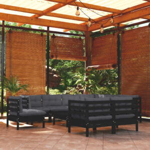 10 Piece Garden Lounge Set with Cushions Black Solid Pinewood