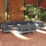 10 Piece Garden Lounge Set with Cushions Grey Solid Pinewood