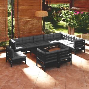 11 Piece Garden Lounge Set with Cushions Black Solid Pinewood