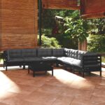 8 Piece Garden Lounge Set with Cushions Black Solid Pinewood