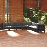 8 Piece Garden Lounge Set with Cushions Black Solid Pinewood