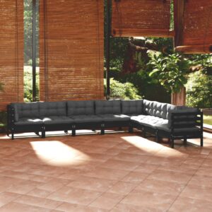 8 Piece Garden Lounge Set with Cushions Black Solid Pinewood