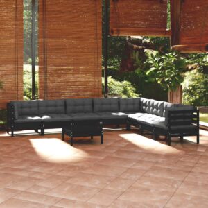 9 Piece Garden Lounge Set with Cushions Black Solid Pinewood