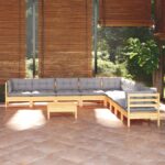 10 Piece Garden Lounge Set with Grey Cushions Solid Pinewood