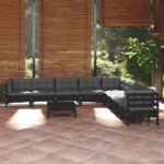 10 Piece Garden Lounge Set with Cushions Black Solid Pinewood