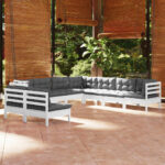 9 Piece Garden Lounge Set with Cushions White Solid Pinewood