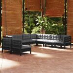 9 Piece Garden Lounge Set with Cushions Black Solid Pinewood