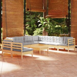 10 Piece Garden Lounge Set with Grey Cushions Solid Pinewood