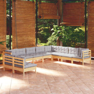 10 Piece Garden Lounge Set with Grey Cushions Solid Pinewood