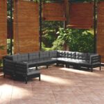 10 Piece Garden Lounge Set with Cushions Black Solid Pinewood