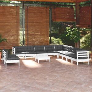 12 Piece Garden Lounge Set with Cushions White Solid Pinewood