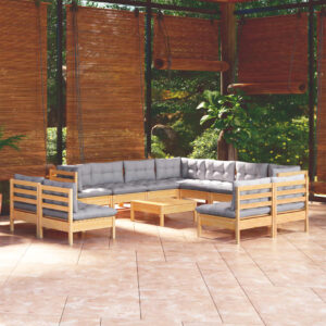 12 Piece Garden Lounge Set with Grey Cushions Solid Pinewood