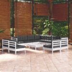 12 Piece Garden Lounge Set with Cushions White Solid Pinewood