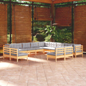 13 Piece Garden Lounge Set with Grey Cushions Solid Pinewood