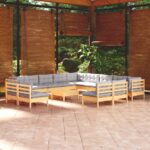 14 Piece Garden Lounge Set with Grey Cushions Solid Pinewood