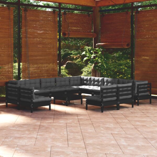 14 Piece Garden Lounge Set with Cushions Black Solid Pinewood