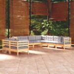 9 Piece Garden Lounge Set with Grey Cushions Solid Pinewood