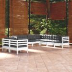 9 Piece Garden Lounge Set with Cushions White Solid Pinewood