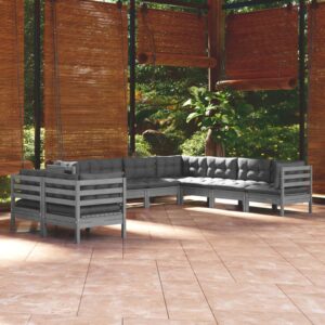 9 Piece Garden Lounge Set with Cushions Grey Solid Pinewood