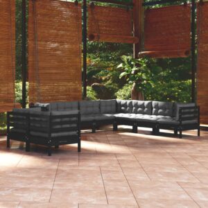 9 Piece Garden Lounge Set with Cushions Black Solid Pinewood