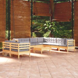 10 Piece Garden Lounge Set with Grey Cushions Solid Pinewood