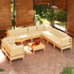 10 Piece Garden Lounge Set with Cream Cushions Solid Pinewood