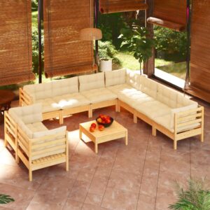 10 Piece Garden Lounge Set with Cream Cushions Solid Pinewood