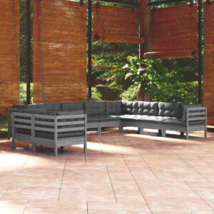 10 Piece Garden Lounge Set with Cushions Grey Solid Pinewood