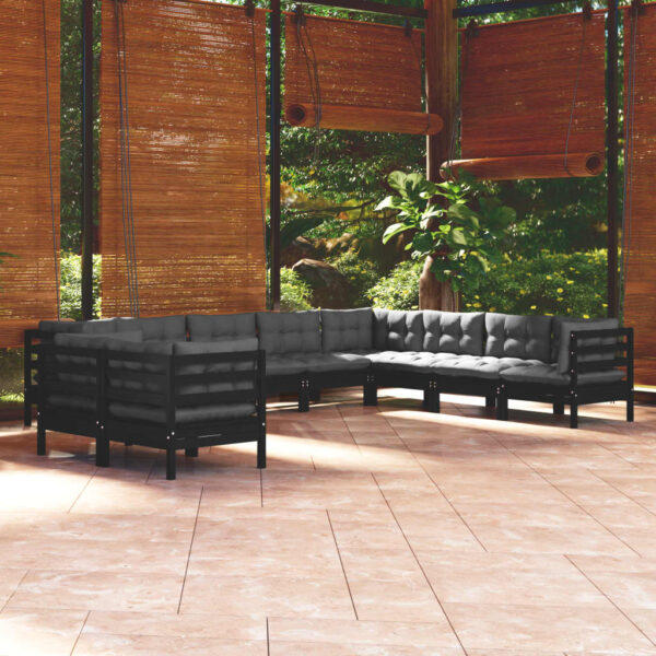 10 Piece Garden Lounge Set with Cushions Black Solid Pinewood