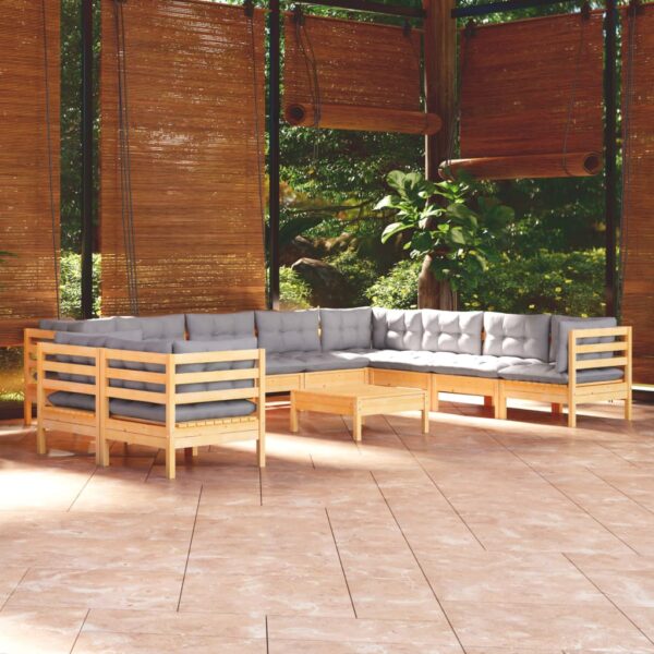 11 Piece Garden Lounge Set with Grey Cushions Solid Pinewood