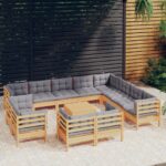 13 Piece Garden Lounge Set with Grey Cushions Solid Pinewood