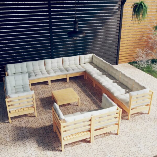 14 Piece Garden Lounge Set with Cream Cushions Solid Pinewood