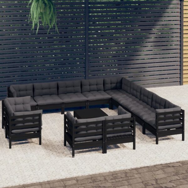 14 Piece Garden Lounge Set with Cushions Black Solid Pinewood