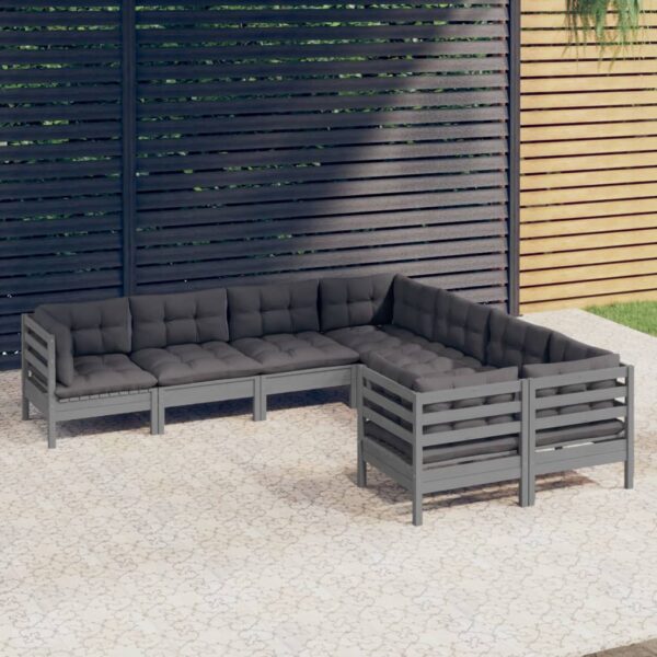 8 Piece Garden Lounge Set with Cushions Grey Solid Pinewood