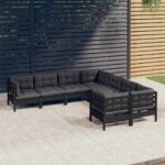 8 Piece Garden Lounge Set with Cushions Black Solid Pinewood