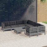 9 Piece Garden Lounge Set with Cushions Grey Pinewood