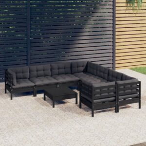 9 Piece Garden Lounge Set with Cushions Black Pinewood