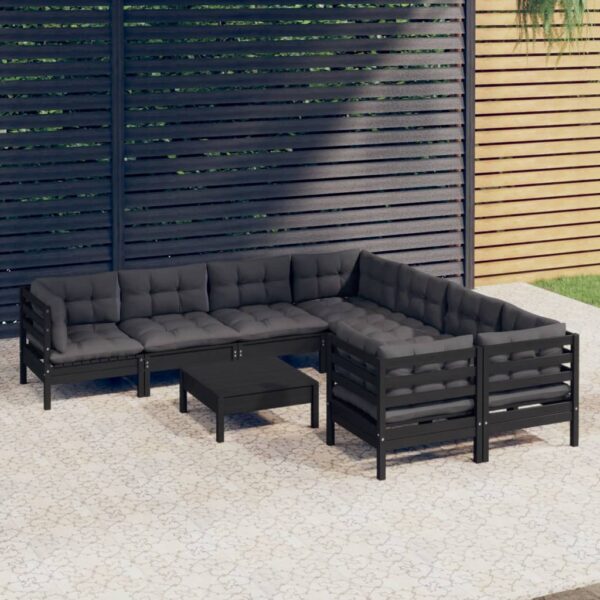 9 Piece Garden Lounge Set with Cushions Black Pinewood