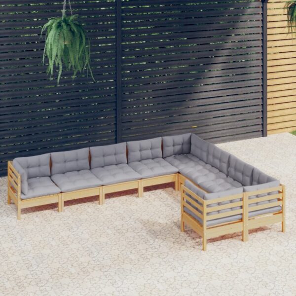 9 Piece Garden Lounge Set with Grey Cushions Pinewood