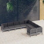 9 Piece Garden Lounge Set with Cushions Grey Pinewood