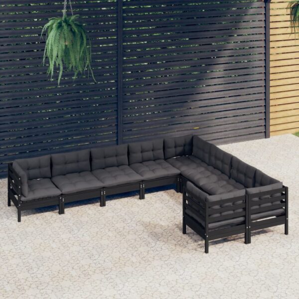 9 Piece Garden Lounge Set with Cushions Black Pinewood